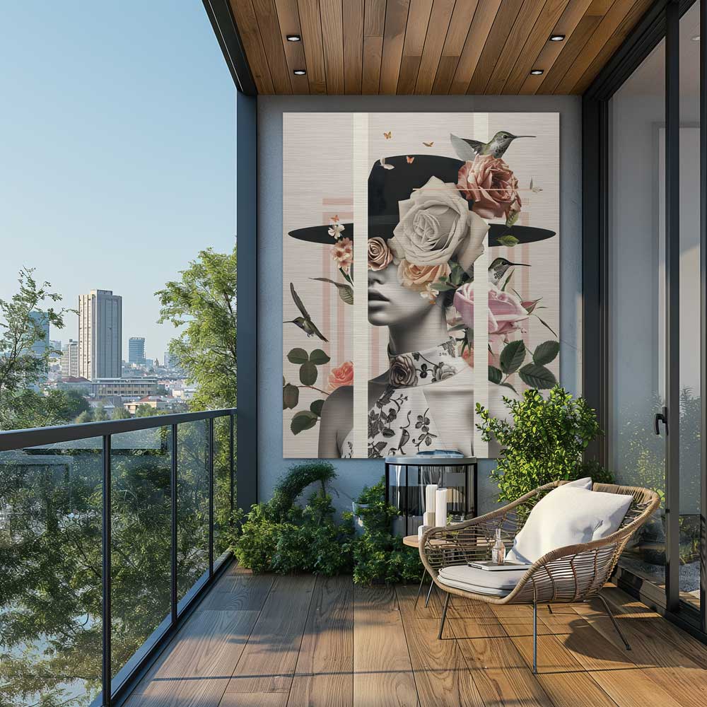 Floral female artwork on balcony wall with city view – modern outdoor decor