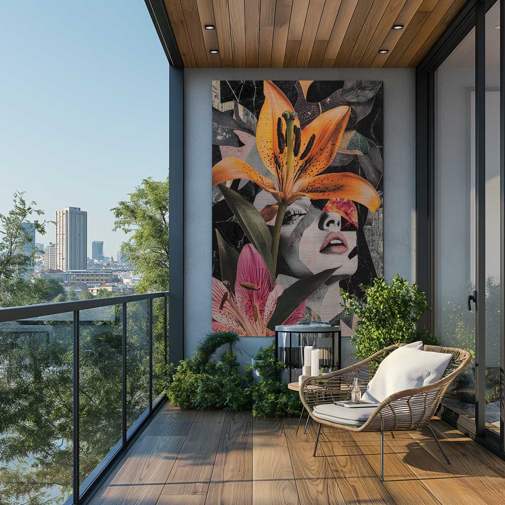Modern collage artwork with orange lily on balcony wall