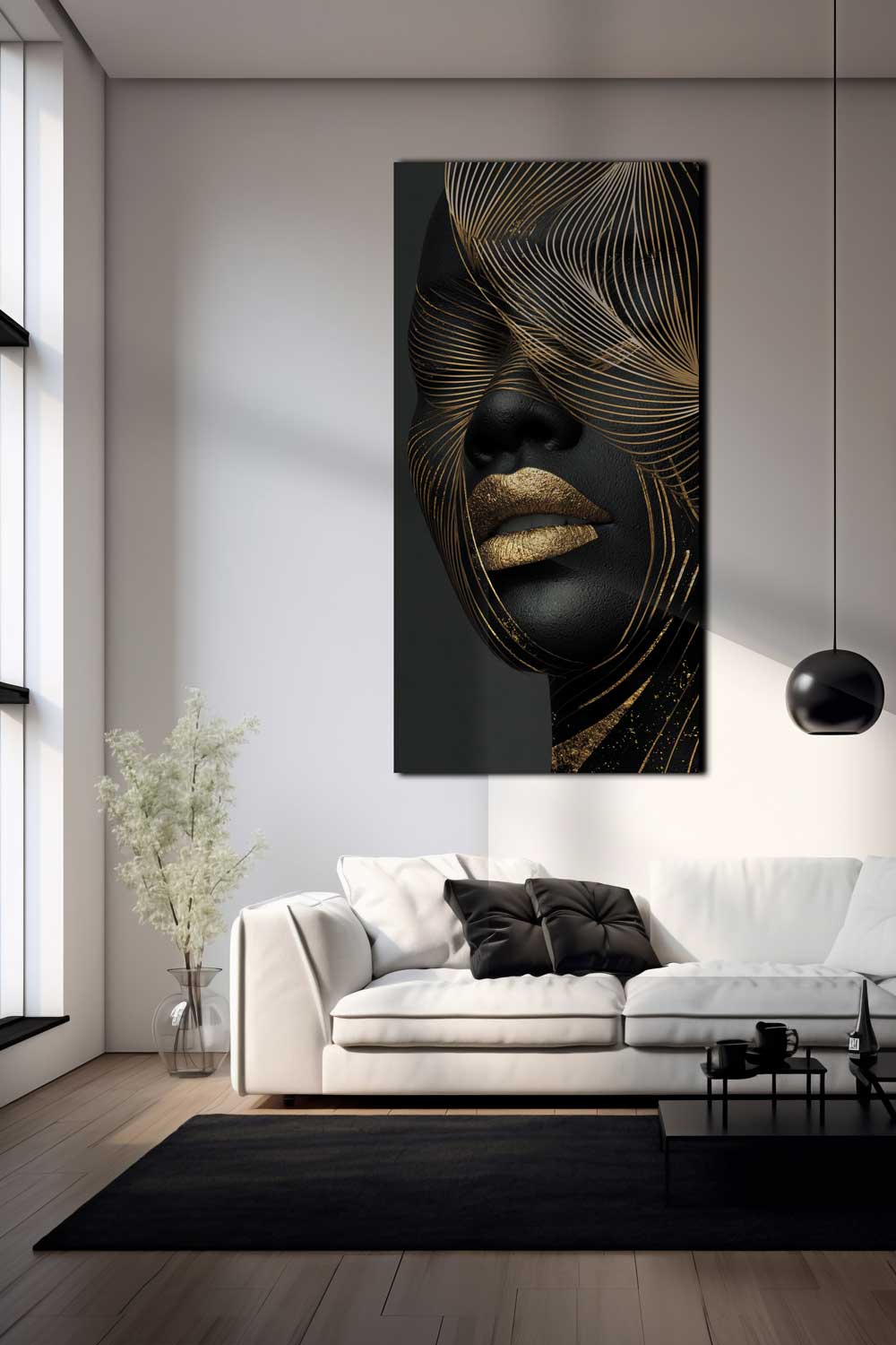 Drobės paveikslas „Prabangi Tyla“ – juoda moteris su auksinėmis lakuotomis linijomis, modernus interjeras.