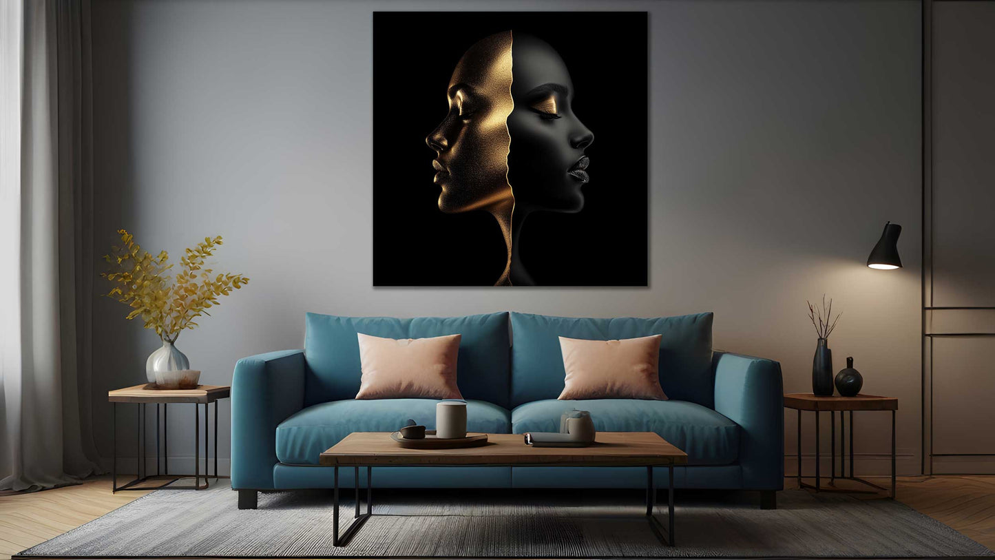 Black and gold face art on metal displayed above modern sofa