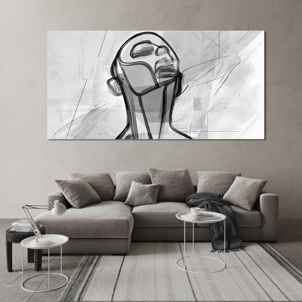 Lines of Thought canvas print hanging above a grey sectional sofa in a minimalist living room, with round side tables and a dark throw blanket