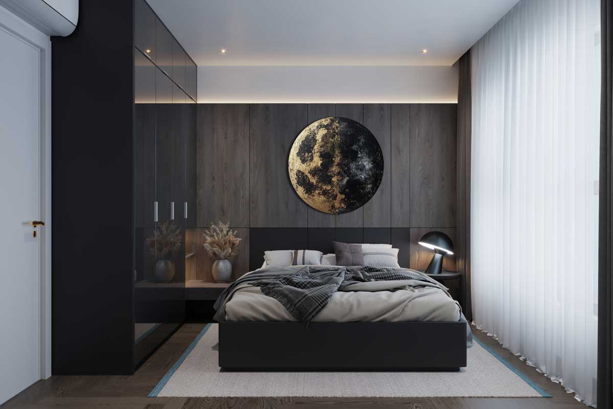 Round aluminium wall art “Golden Flow” with glossy golden accents