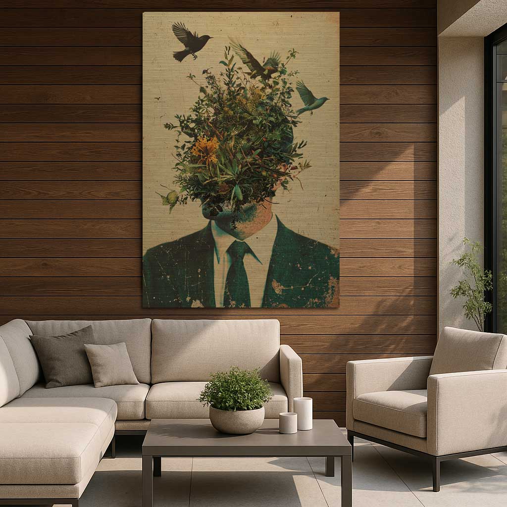 Surreal male figure with plants and birds in elegant living room
