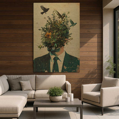 Surreal male figure with plants and birds in elegant living room