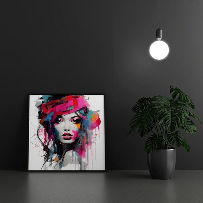 abstract modern women colored face print canvas extra large dideliu didžiu printas spalvotas moters veidas intrejero detalė tamsus interjeras