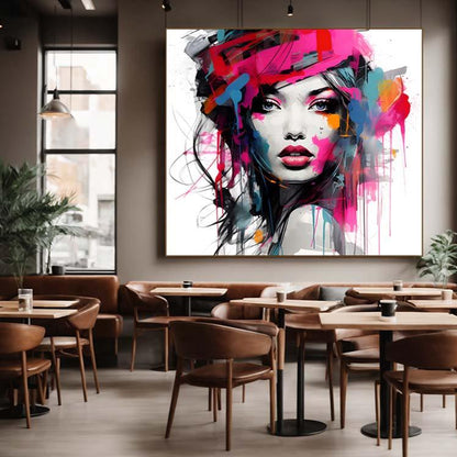 abstract modern women colored face print canvas extra large dideliu didžiu printas spalvotas moters veidas intrejero detalė