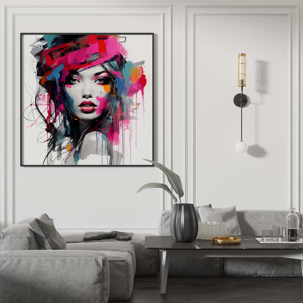 abstract modern women colored face print canvas extra large dideliu didžiu printas spalvotas moters veidas intrejero detalė moderni svetaine interior