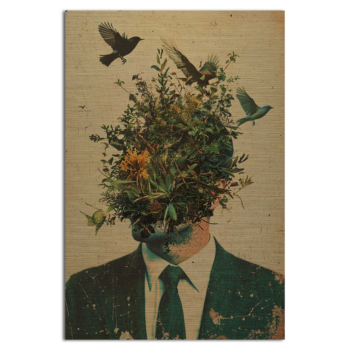 Eco-inspired male portrait with plants instead of head – artistic design