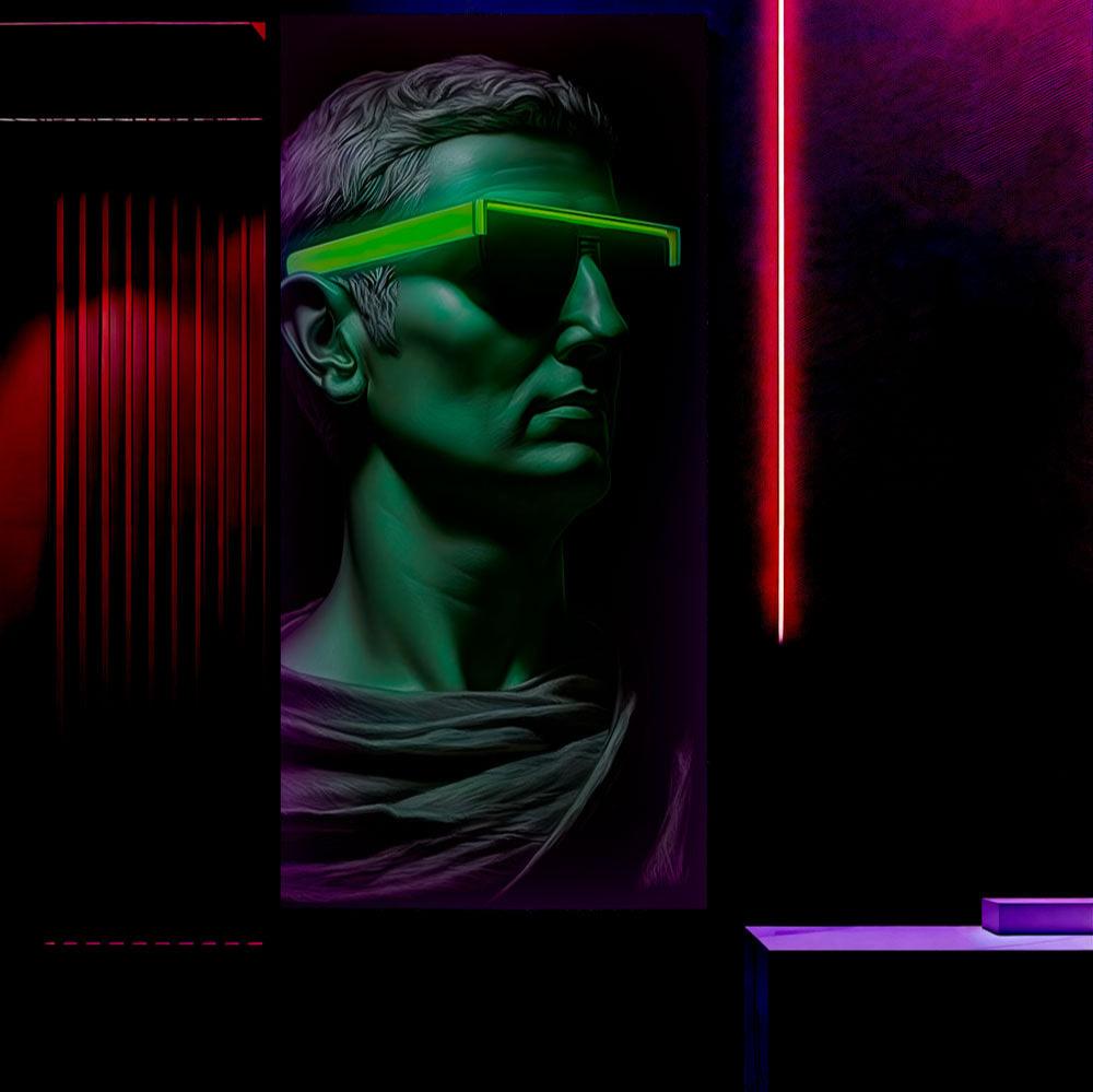 neon glasses wall art print glow in the dark art canvas man wearing neon green sunglasses neono printas svieciantis paveikslas zalias