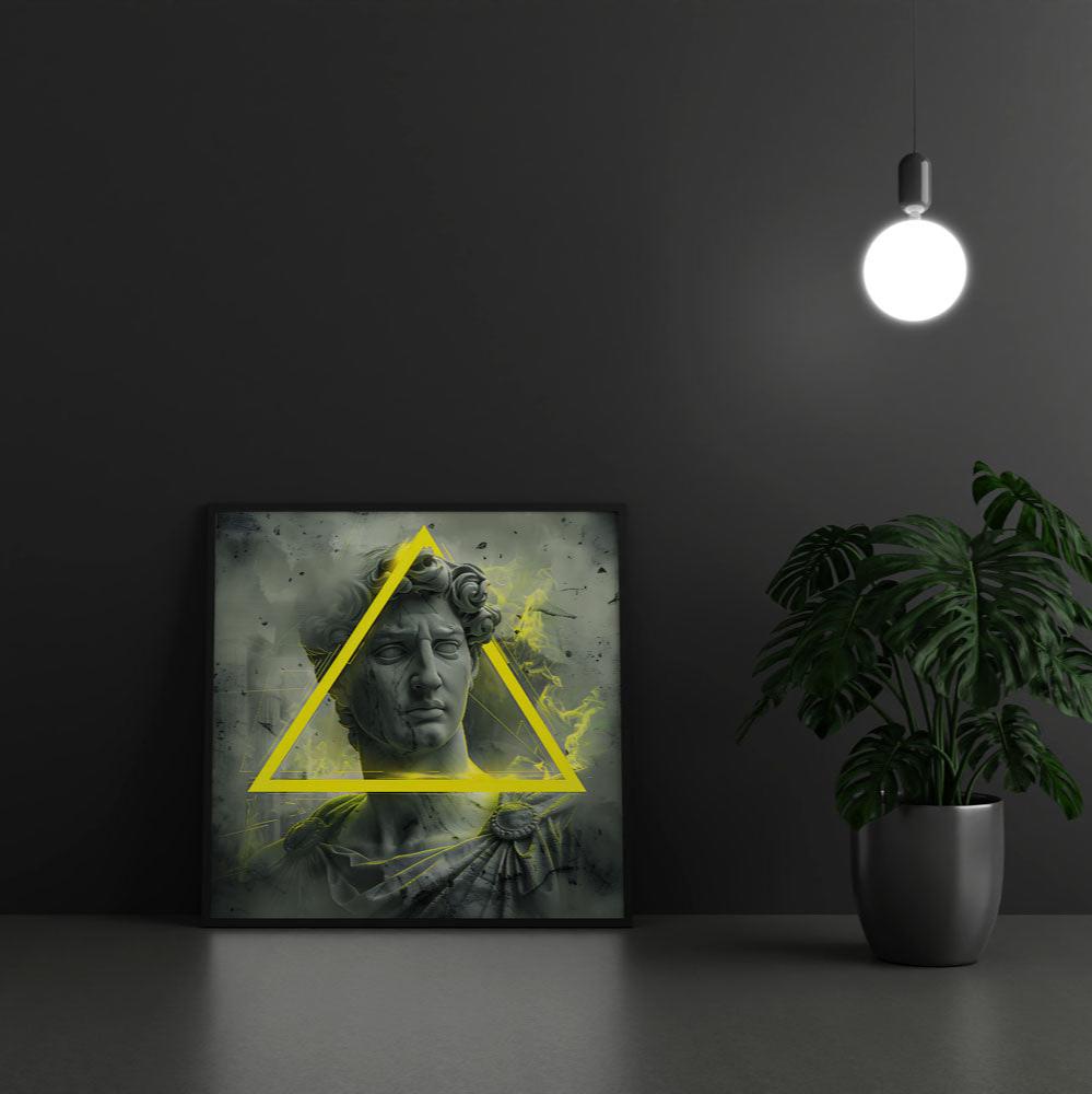 Greek god statue wall art neon print modern wall art unique wall decor neon triangle glow at night 
