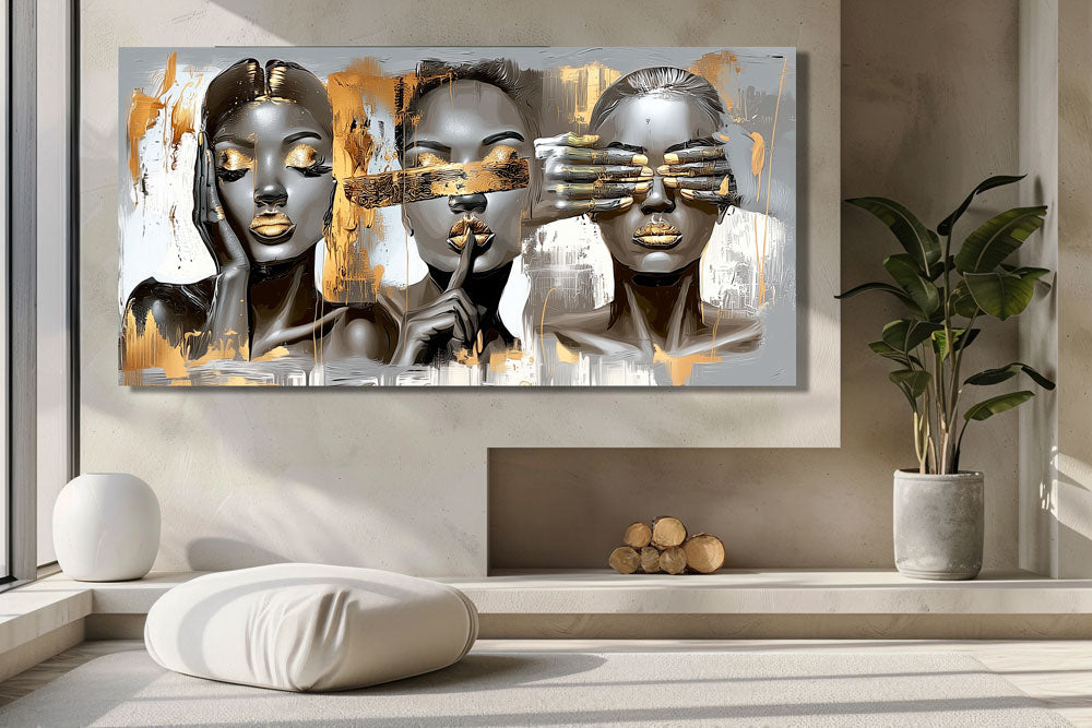 Canvas painting with three female silhouettes, silver background and lacquer details