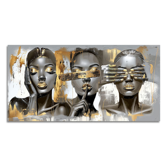 Canvas painting with three female silhouettes, silver background and lacquer details