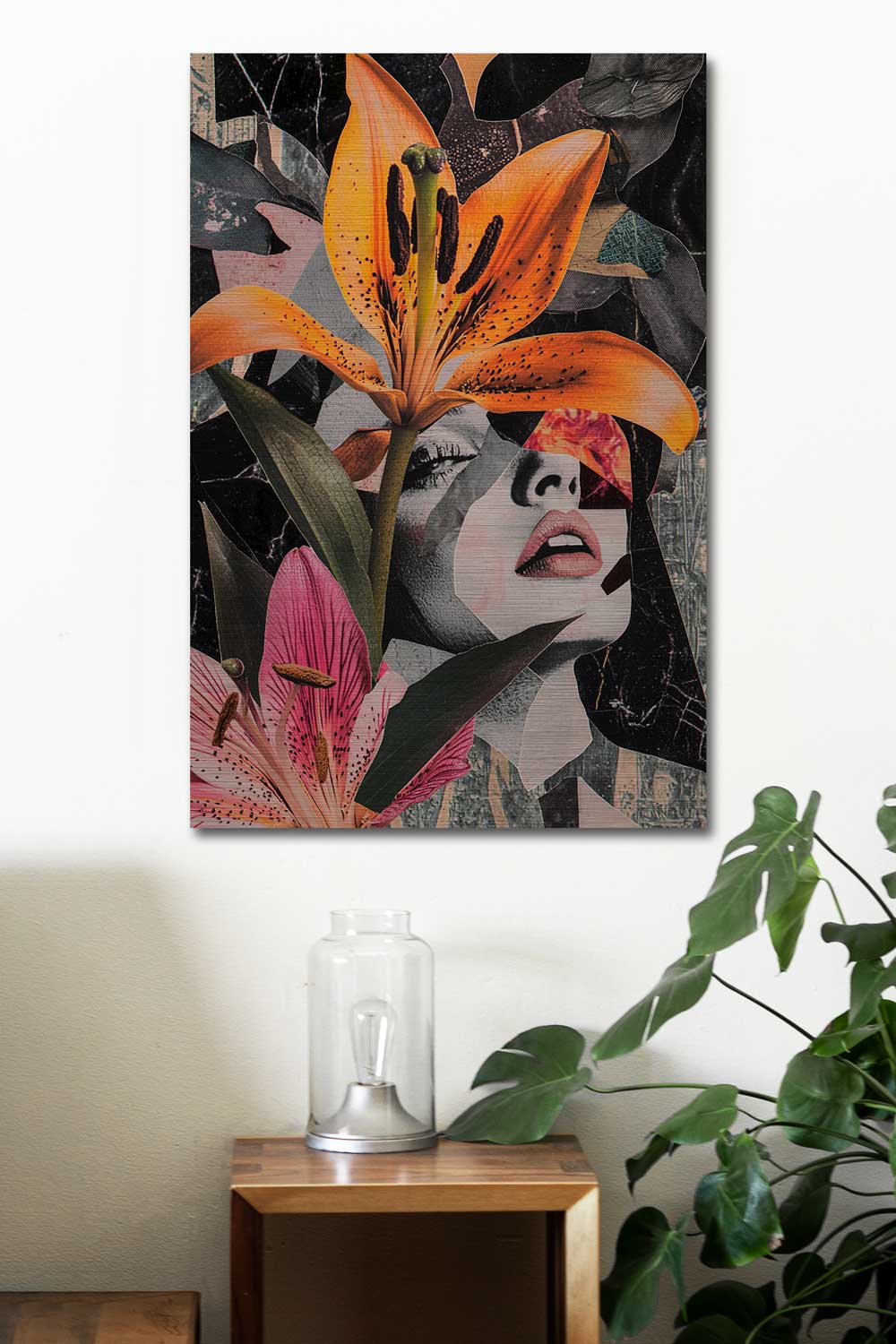 Orange lily flower portrait with woman's face in artistic collage style