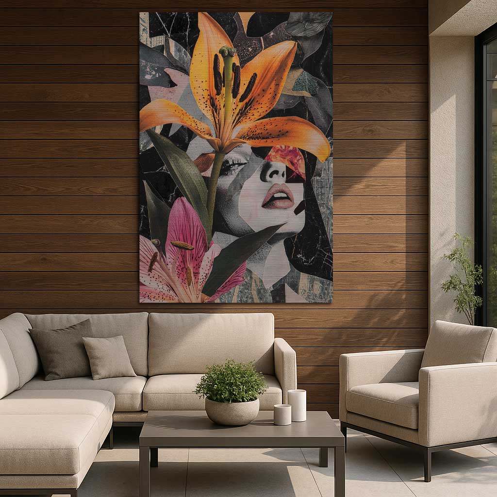 Female portrait with orange lily displayed in cozy modern interior