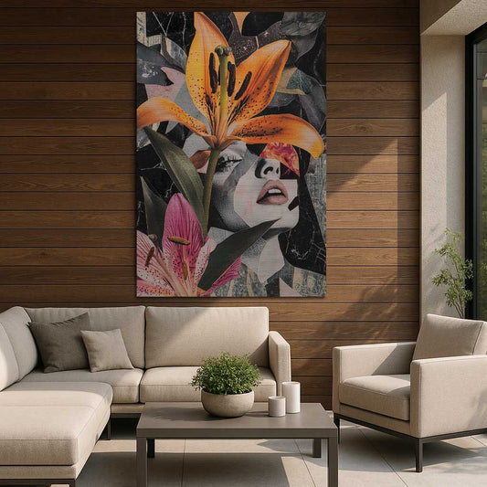 Female portrait with orange lily displayed in cozy modern interior