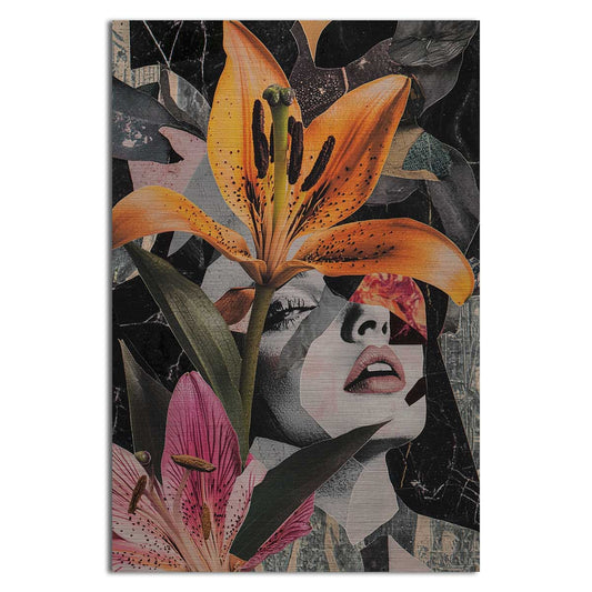Collage-style female portrait with orange lily – bold modern wall art
