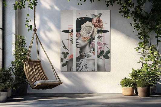 Outdoor floral woman artwork placed near hammock – relaxing patio design