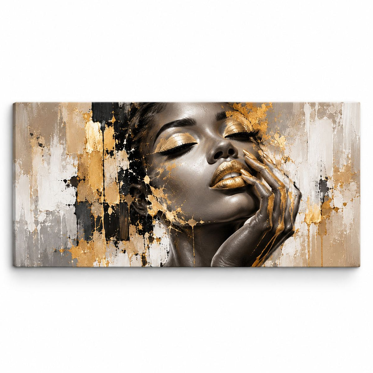 Canvas print of a monochrome portrait with closed eyes and gold-lacquered lips and fingertips against an abstract grey, beige, and black background, shown on white, Canvas + Varnish