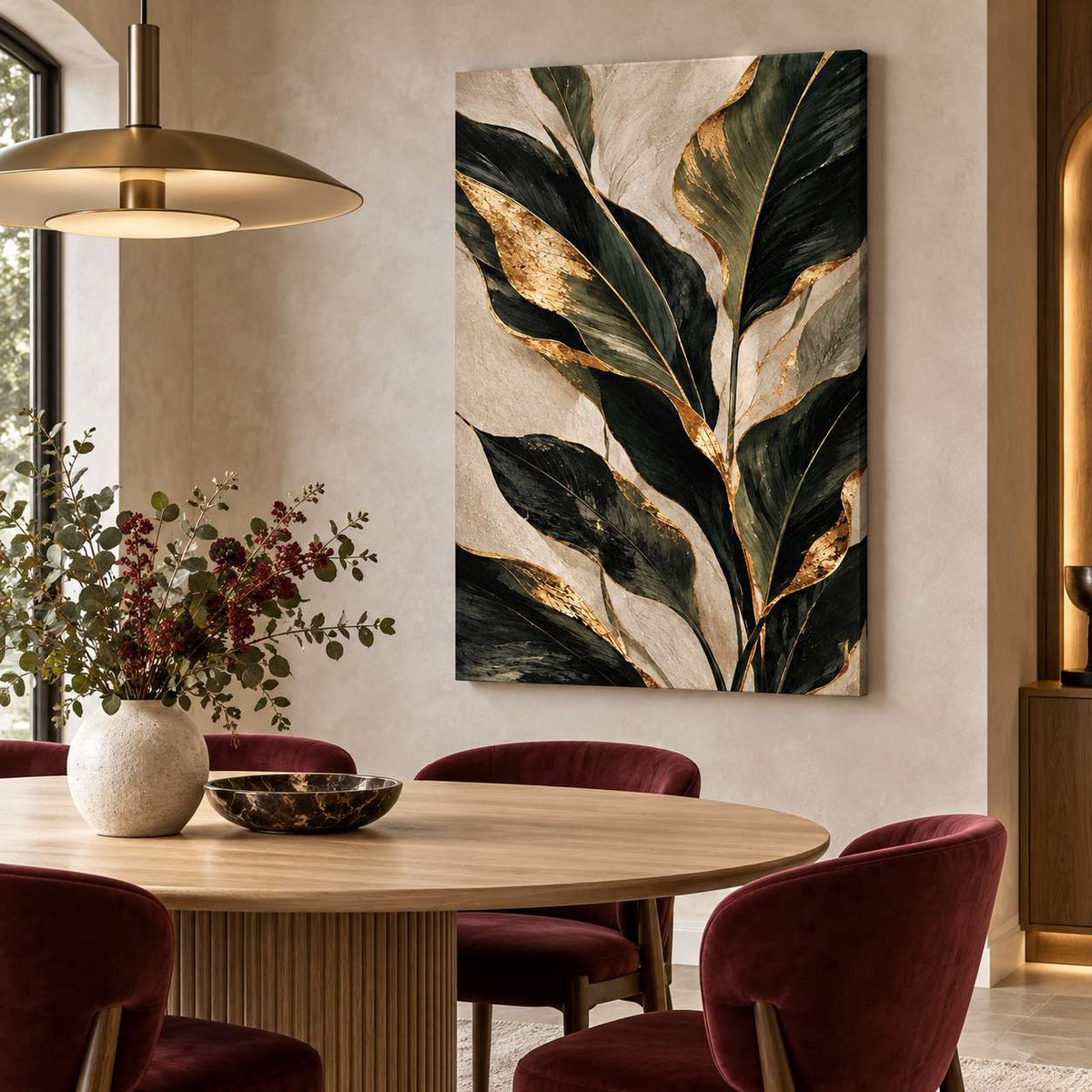 Canvas print of gold-accent green leaves displayed above a dining table in a dining room with burgundy chairs