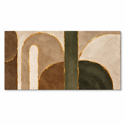 Canvas print of abstract arched shapes in olive green, brown, and beige with gold outline details, shown on white, Canvas + Varnish