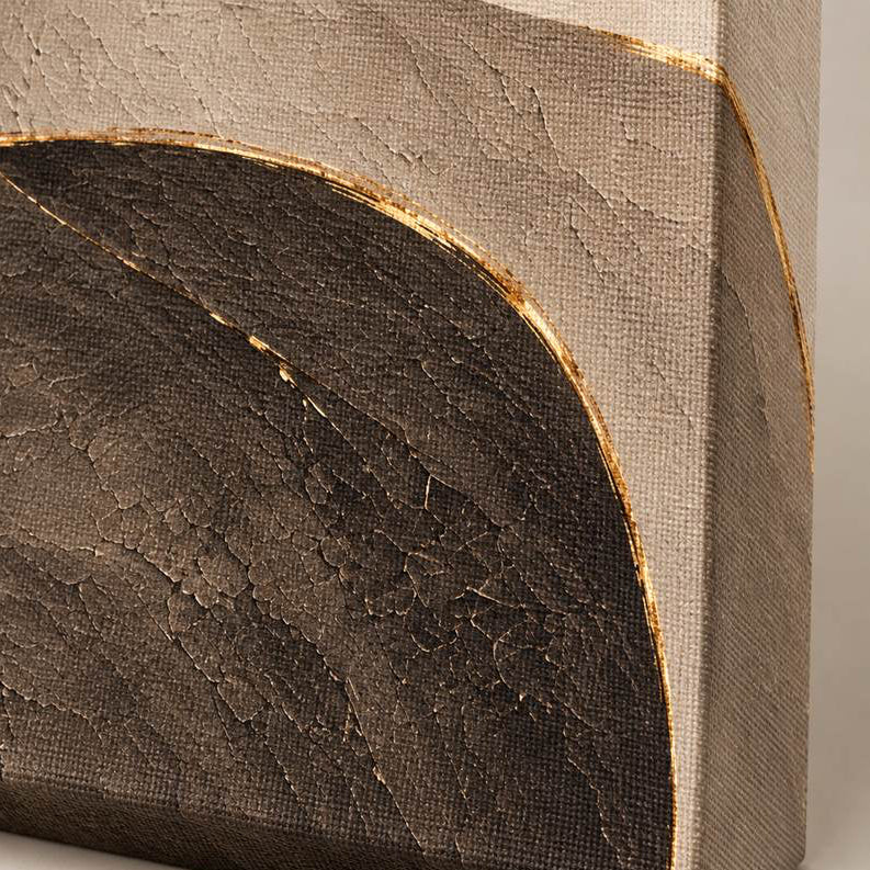 Close-up of gold-toned lacquer outline details on textured canvas coated with glossy varnish
