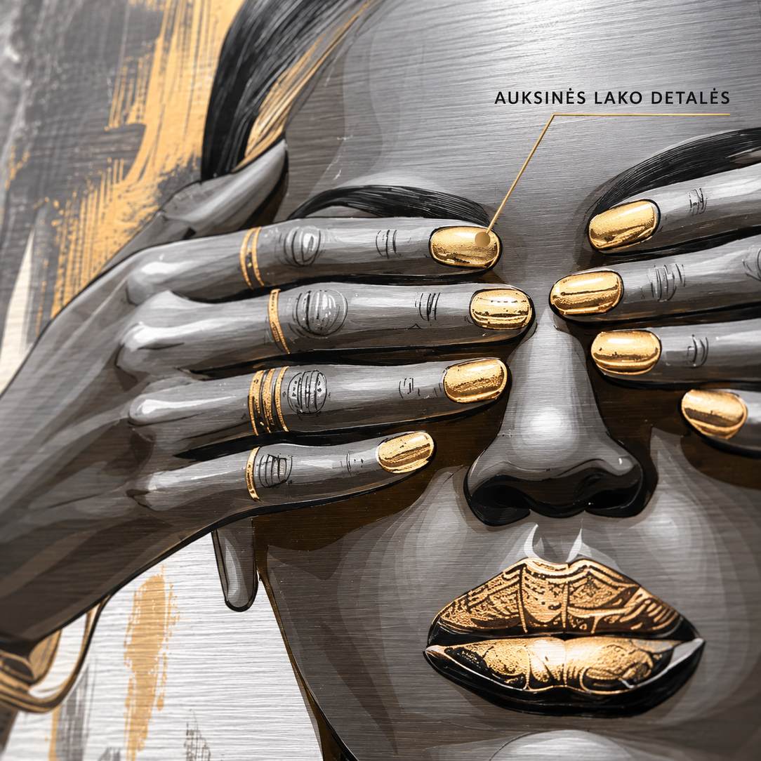 Close-up of gold-toned lacquer details on fingertips coated with glossy varnish against a brushed silver metal surface