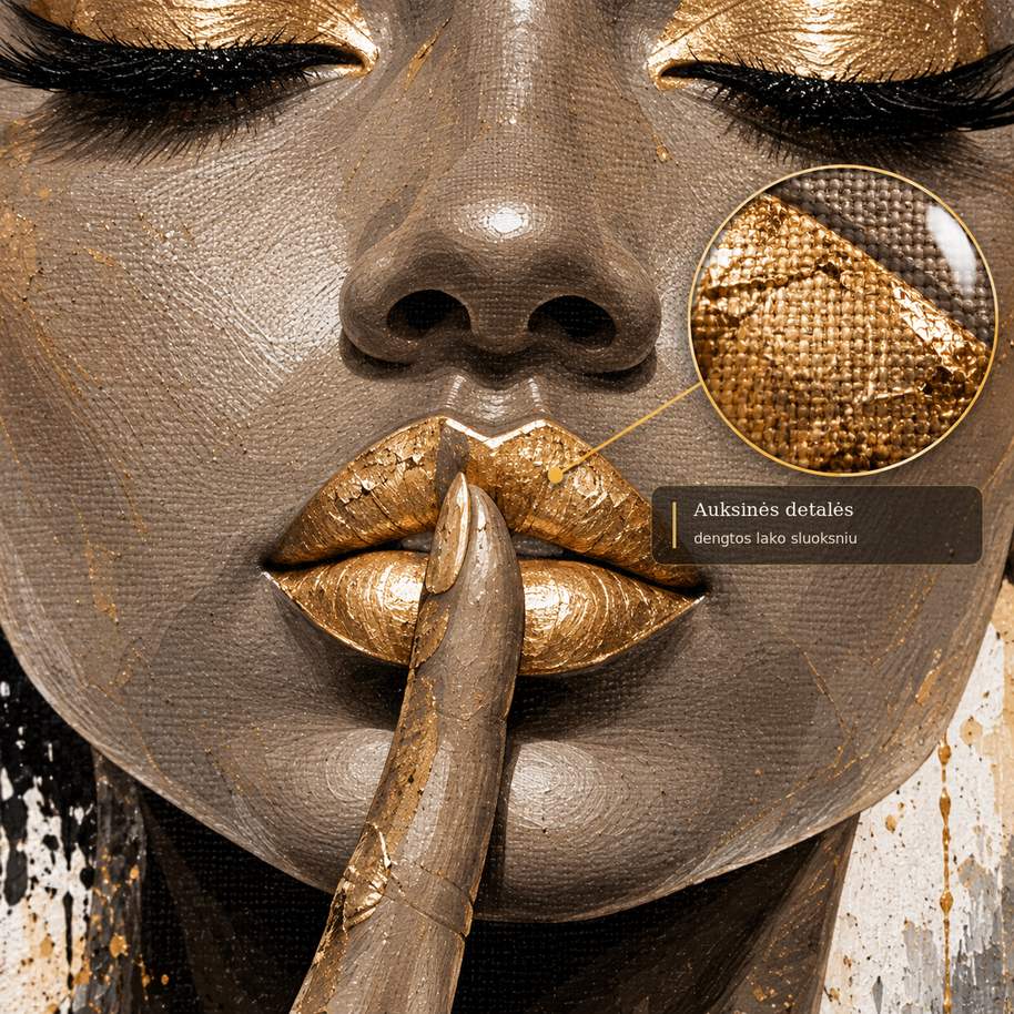 Close-up of gold-toned lacquer details on lips coated with glossy varnish on the canvas surface