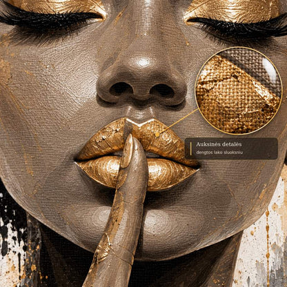 Close-up of gold-toned lacquer details on lips coated with glossy varnish on the canvas surface