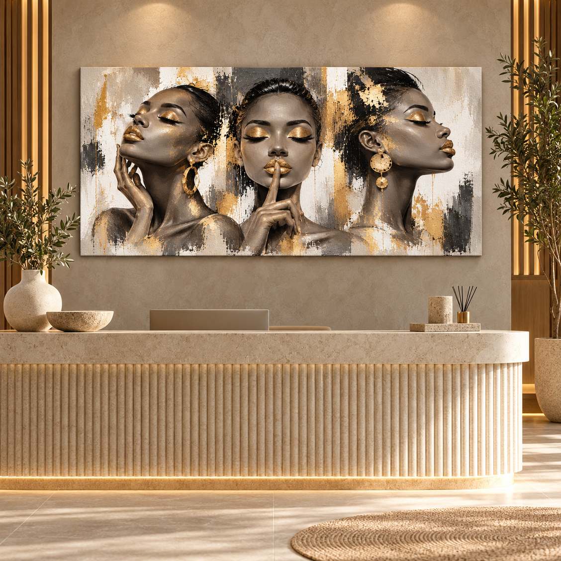 Gold-accent three-women portrait canvas print displayed above a stone reception desk in a modern lobby