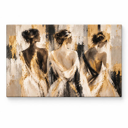 Canvas print of three women in flowing white and gold dresses seen from behind against an art-deco geometric beige and black background, shown on white, Canvas + Varnish