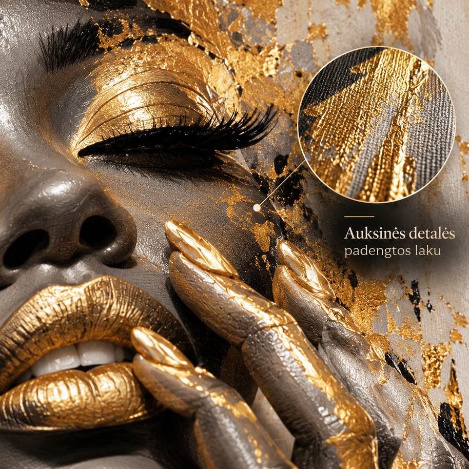 Close-up of gold-toned lacquer details coated with glossy varnish on the canvas surface