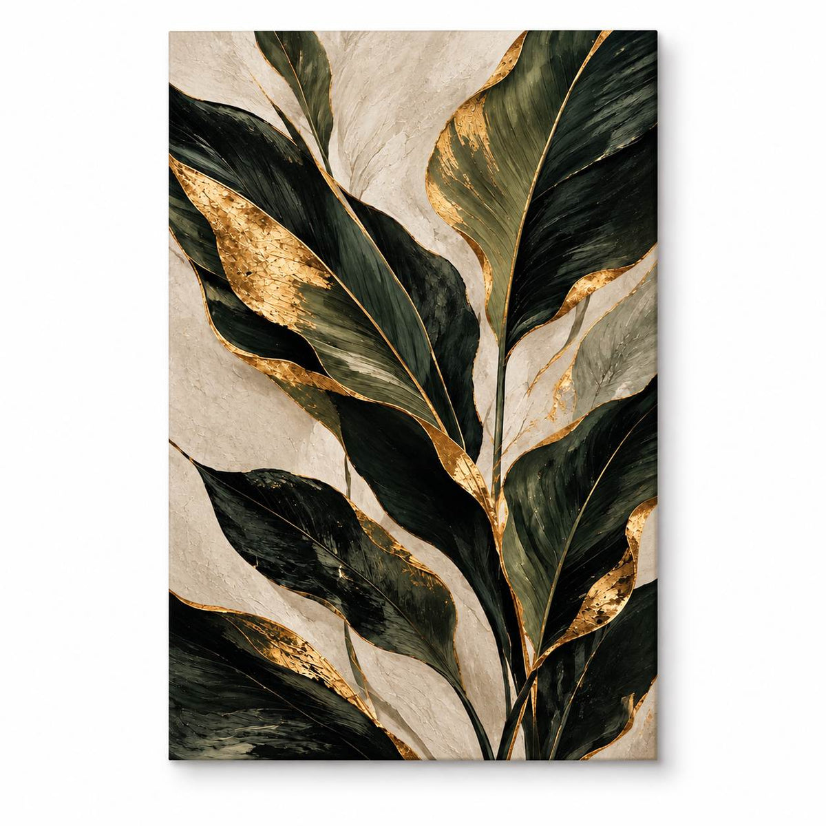 Canvas print of dark green botanical leaves with gold-veined edges on a beige background, shown on white, Canvas + Varnish