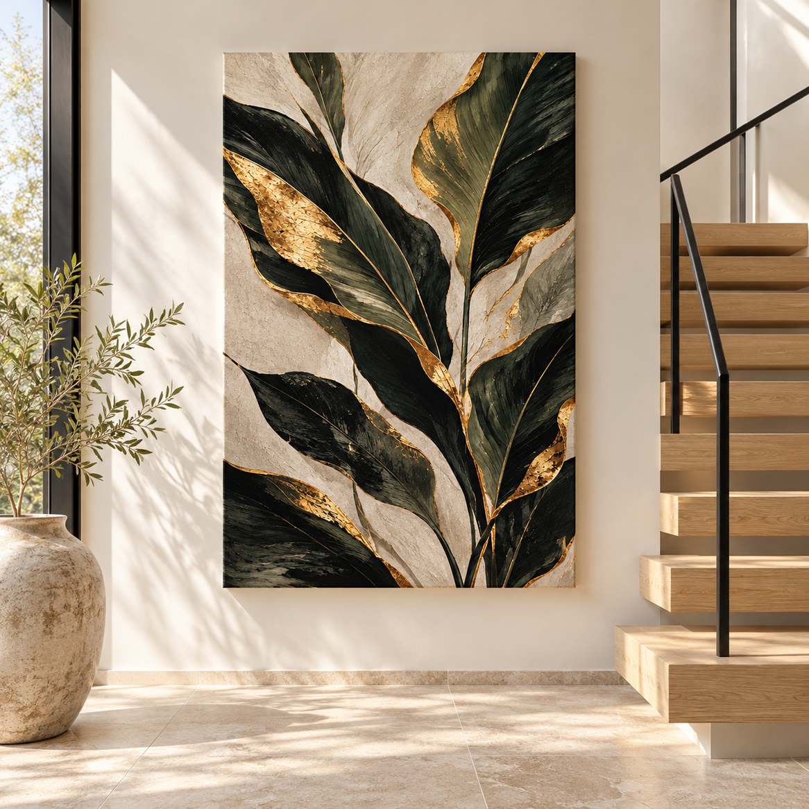 Canvas print of gold-accent green leaves displayed in a modern entryway beside a staircase