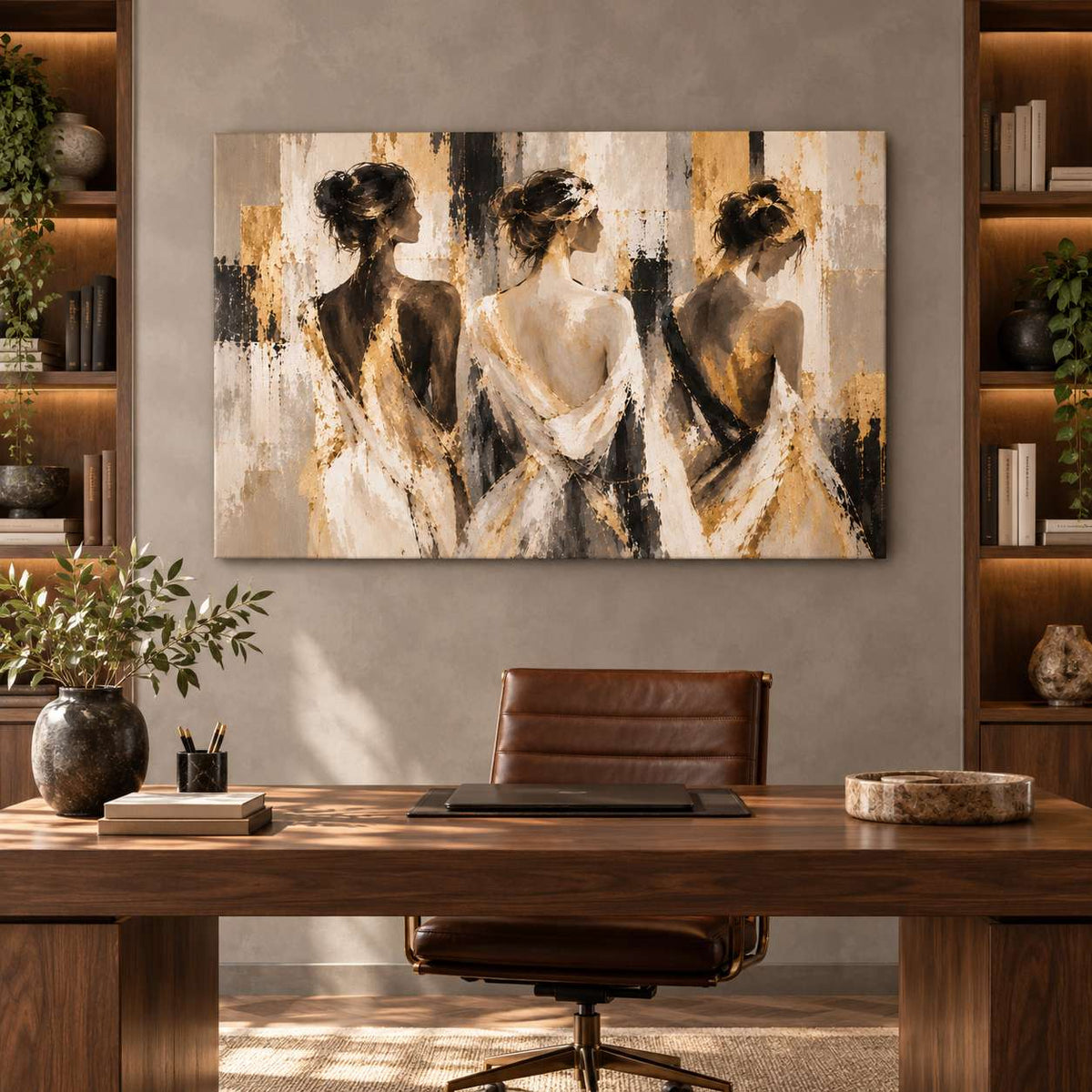 Canvas print of three women in gold-accent dresses displayed above a bookshelf in a home office