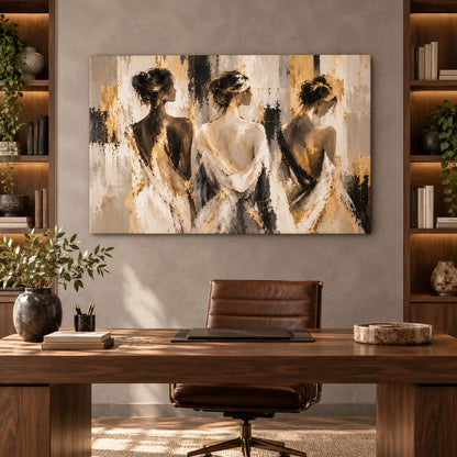 Canvas print of three women in gold-accent dresses displayed above a bookshelf in a home office