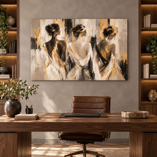 Canvas print of three women in gold-accent dresses displayed above a bookshelf in a home office