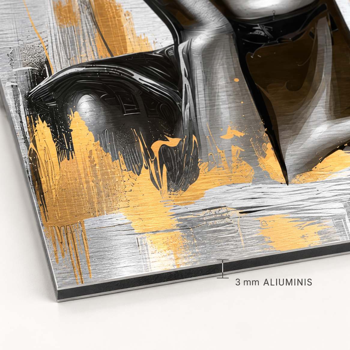 Close-up of an aluminium print's edge showing the 3 mm aluminium composite material thickness