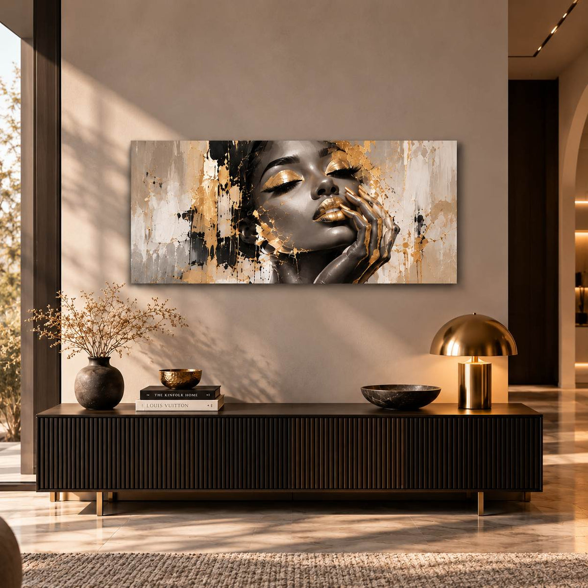 Monochrome gold-accent portrait canvas print displayed above a dark wood console table in a modern living space