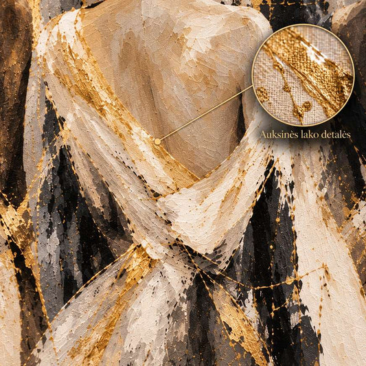 Close-up of gold-toned lacquer details on a dress coated with glossy varnish on the canvas surface
