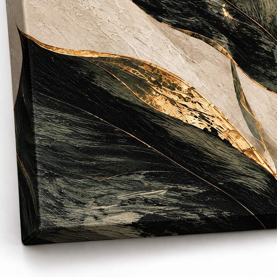Close-up of a canvas corner showing dark green leaf detail with gold-toned lacquer accents coated with glossy varnish