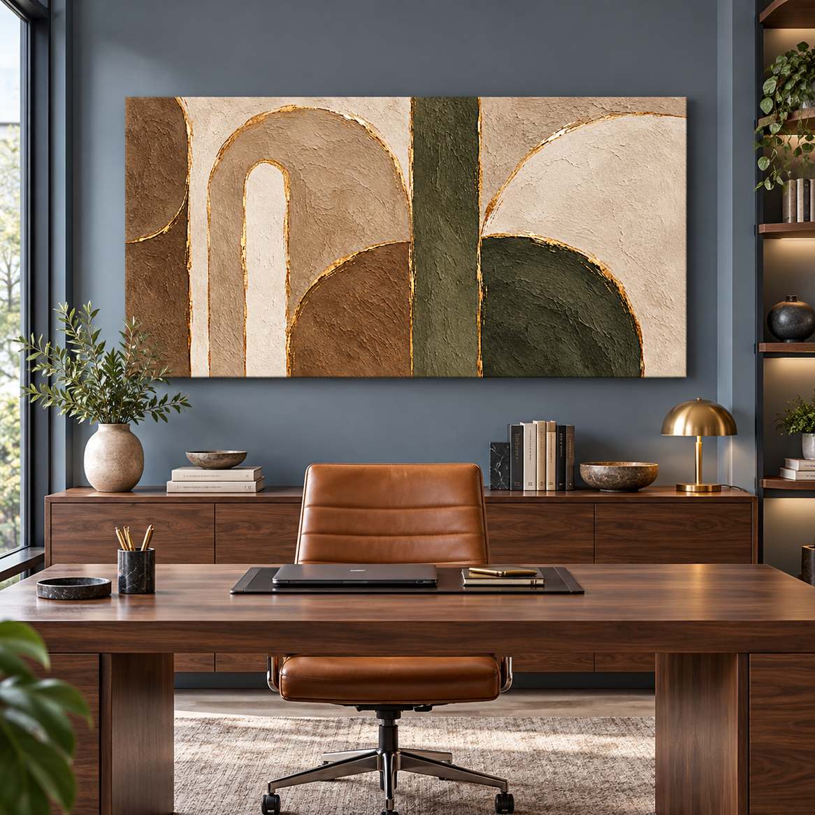Canvas print of abstract arched forms displayed above a credenza in a modern blue-walled office