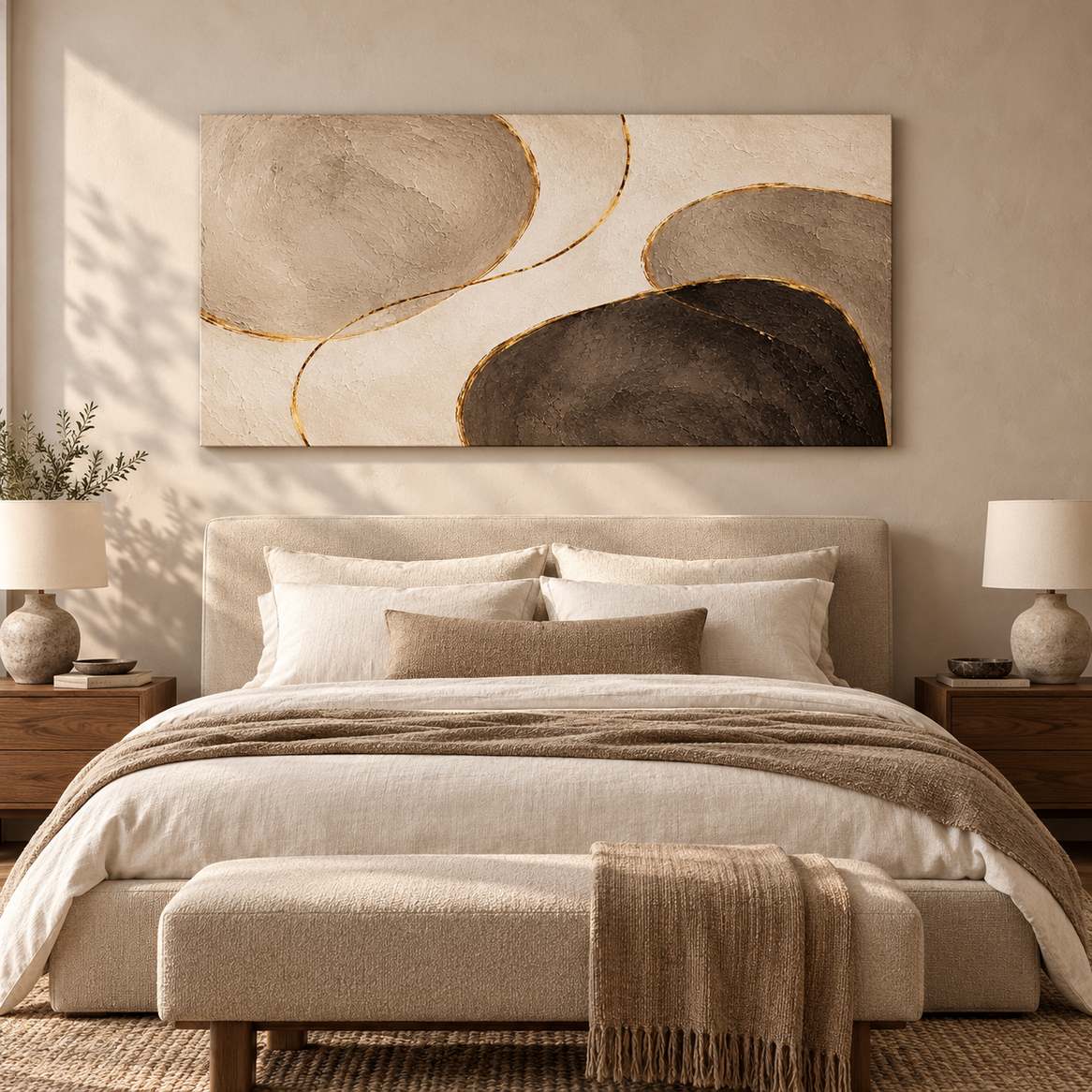 Canvas print of abstract pebble-shaped forms displayed above a bed in a neutral-toned bedroom