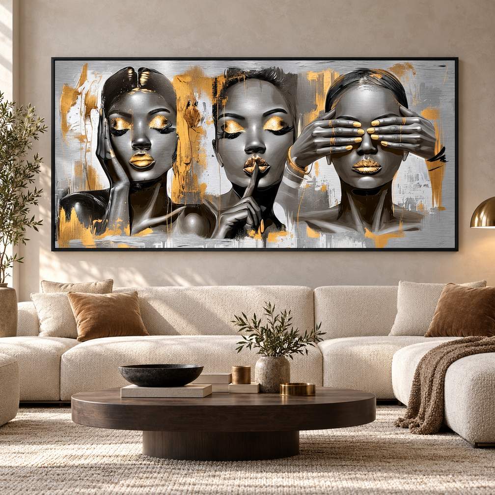 Black-framed metal print of three female portraits with gold accents displayed above a sofa in a living room