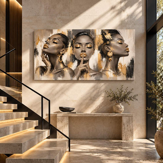 Gold-accent three-women portrait canvas print displayed above a console table near a staircase entryway
