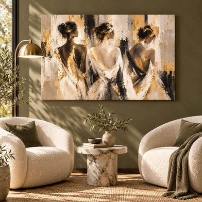 Canvas print of three women in gold-accent dresses displayed above two armchairs in a living room