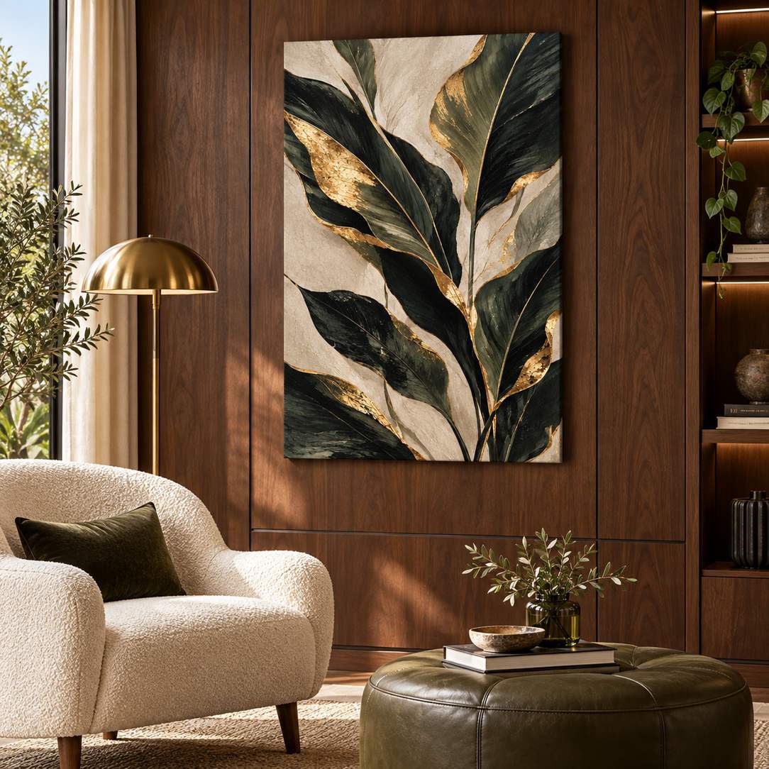 Canvas print of gold-accent green leaves displayed above an ottoman in a wood-paneled living room