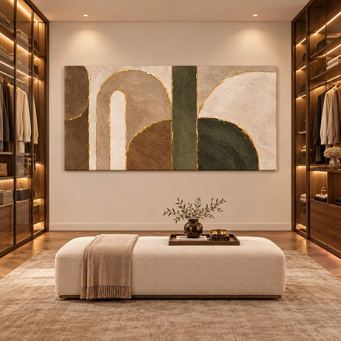 Canvas print of abstract arched forms displayed above a bench in a walk-in closet