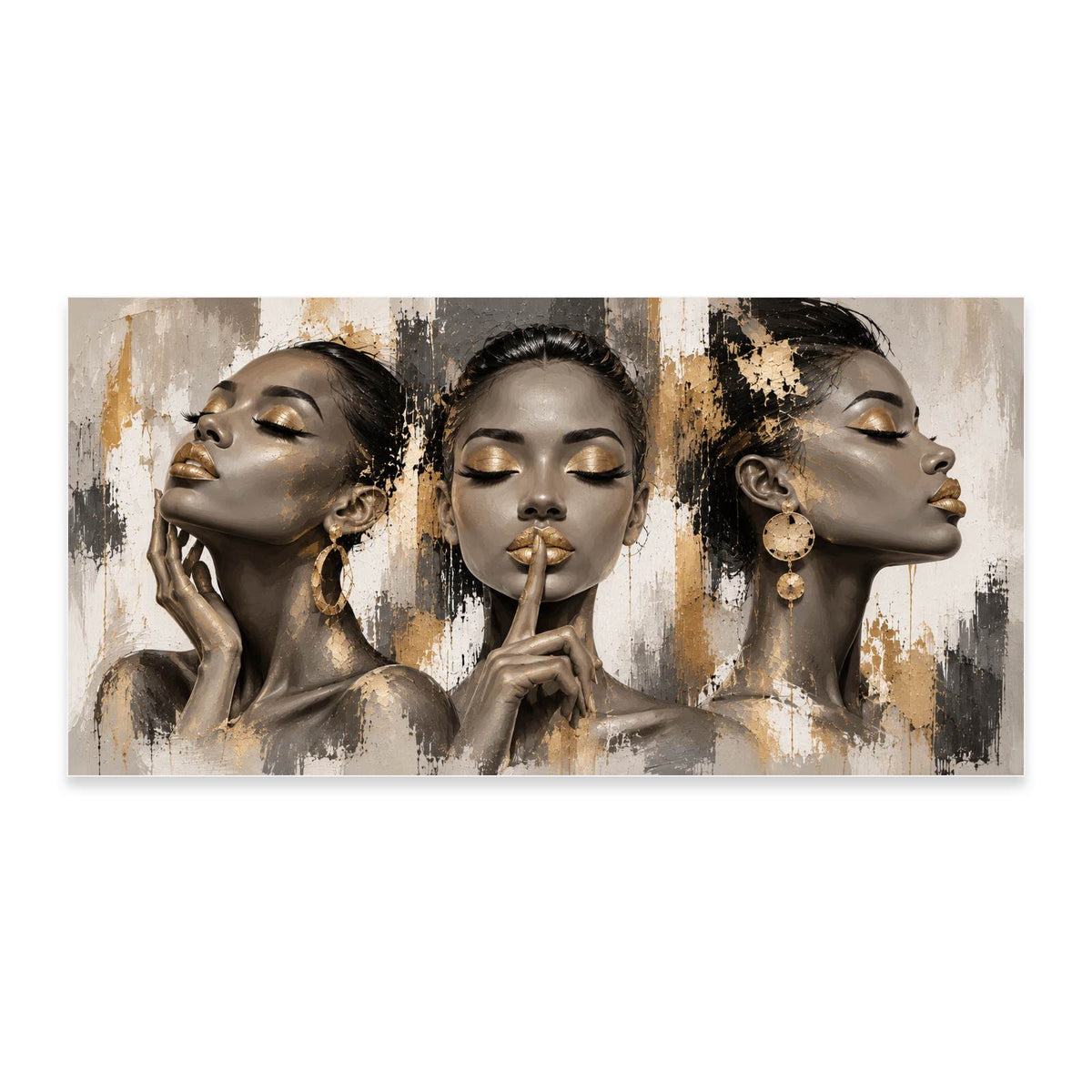 Canvas print of three women's gold-accented portraits in profile with glossy lacquer lips, eyeshadow, and earrings against a warm grey and gold abstract background, shown on white, Canvas + Varnish