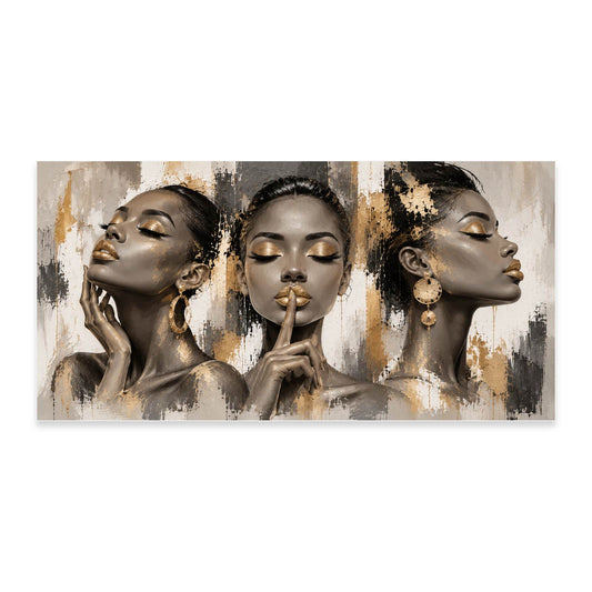 Canvas print of three women's gold-accented portraits in profile with glossy lacquer lips, eyeshadow, and earrings against a warm grey and gold abstract background, shown on white, Canvas + Varnish