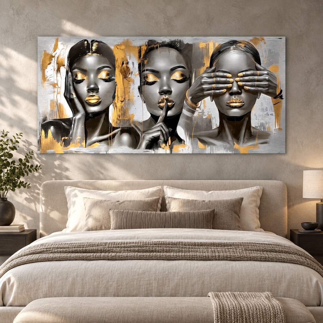 Metal print of three female portraits with gold accents displayed above a bed in a warm neutral bedroom